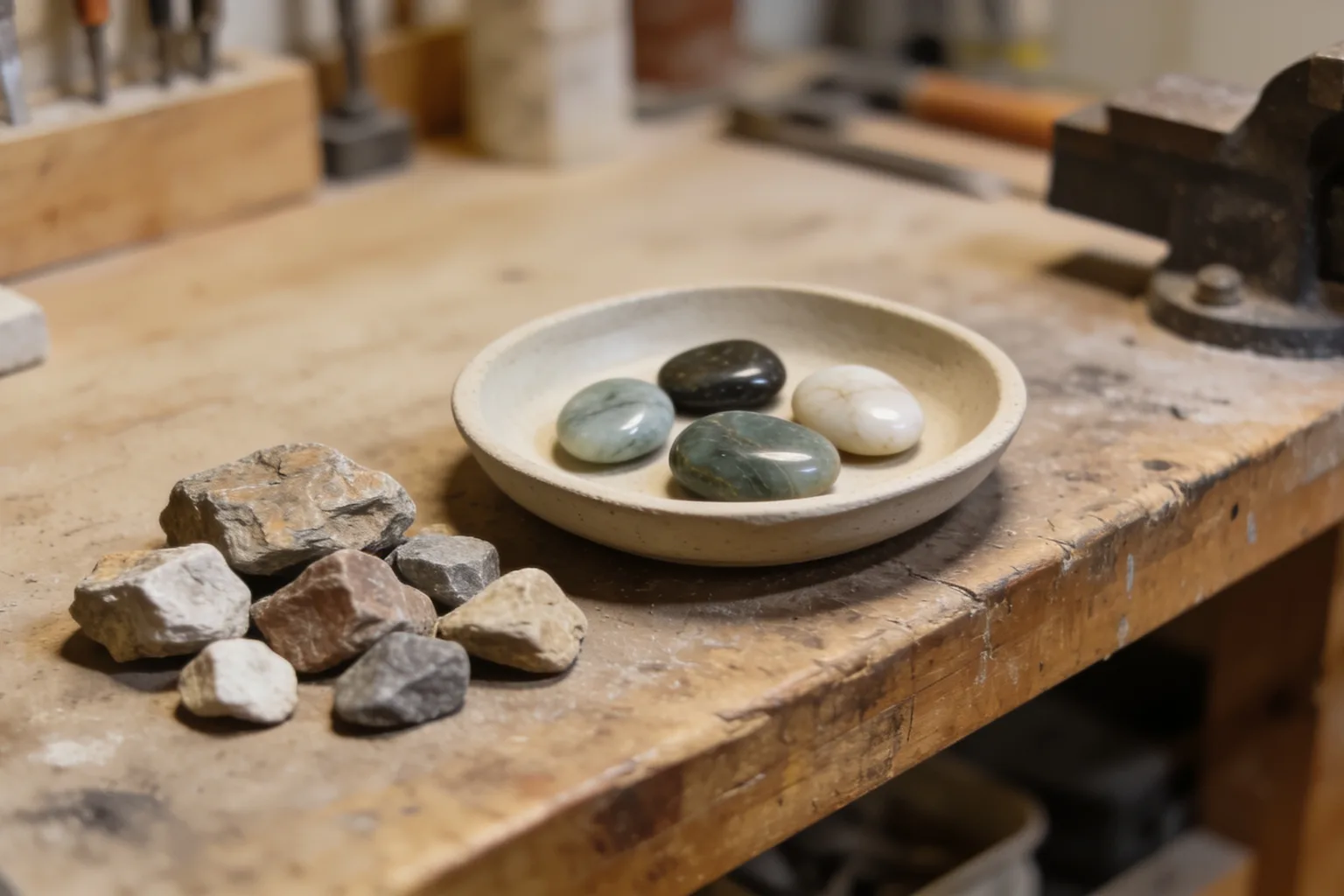 Rough and polished stones sit together in a plain tray on a workshop bench.