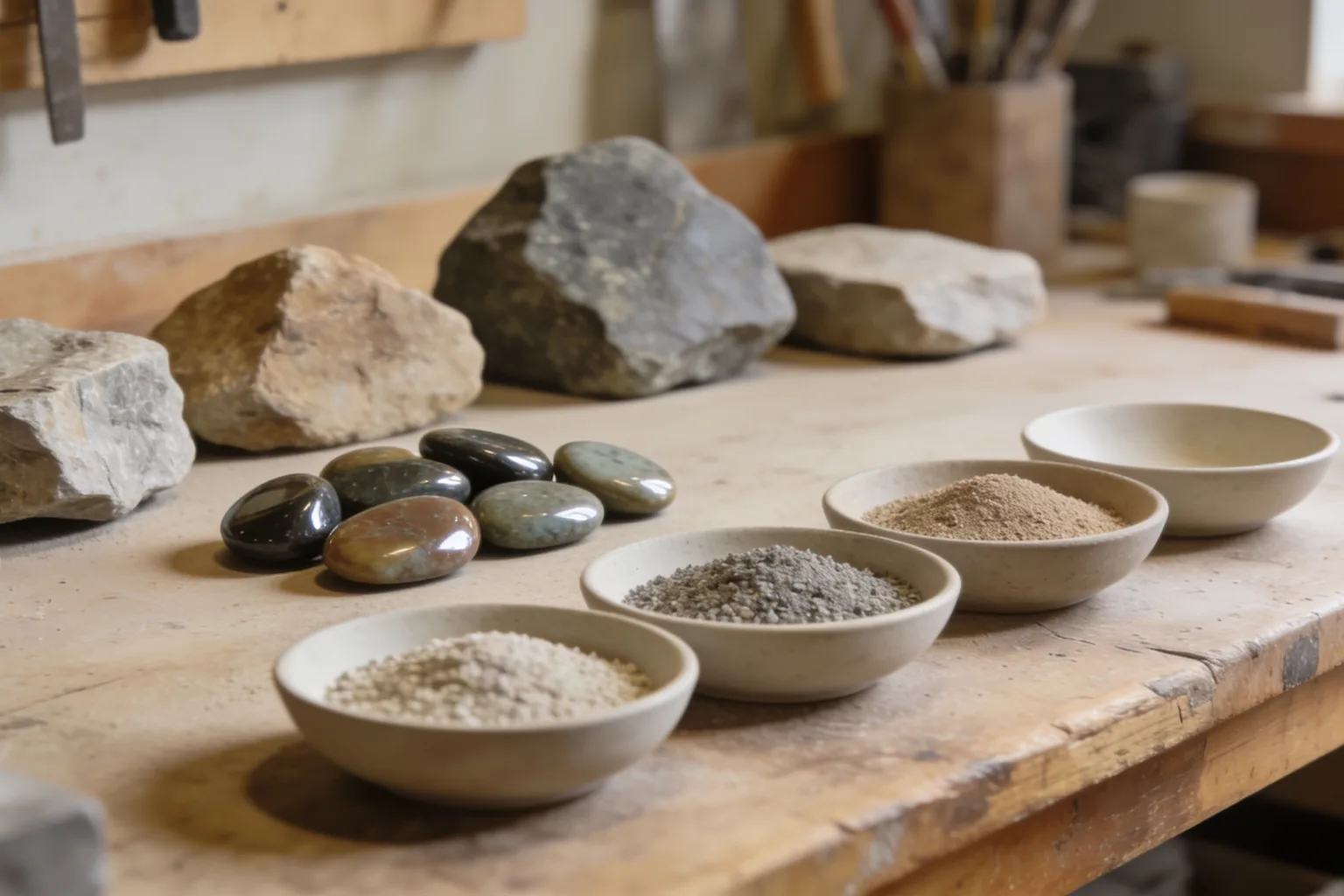 Rough stones, glossy pebbles, and plain bowls of granular material sit on a workshop bench.