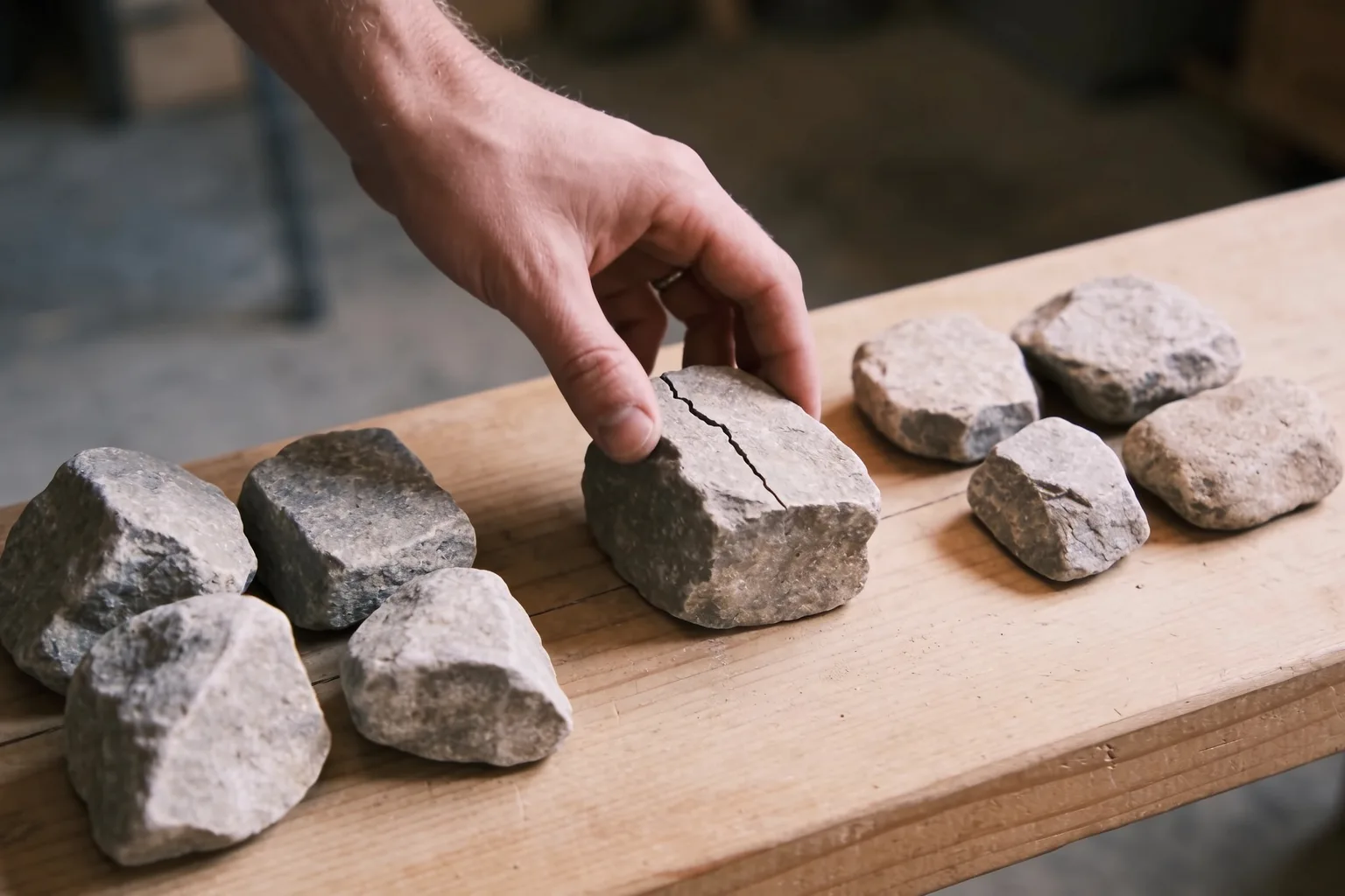 A hand inspects a cracked rough stone beside sorted rocks on a wooden bench.