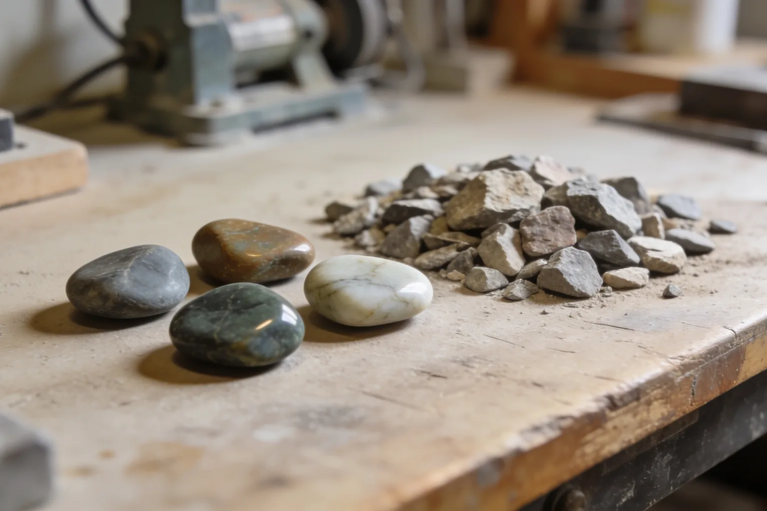 Rough and polished stones rest side by side on a warmly lit workshop bench.